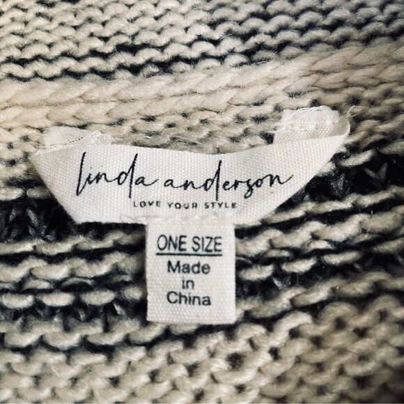 Linda Anderson Black Ivory Striped Knit Fringe Poncho Sweater One Size Cozy - Picture 3 of 9